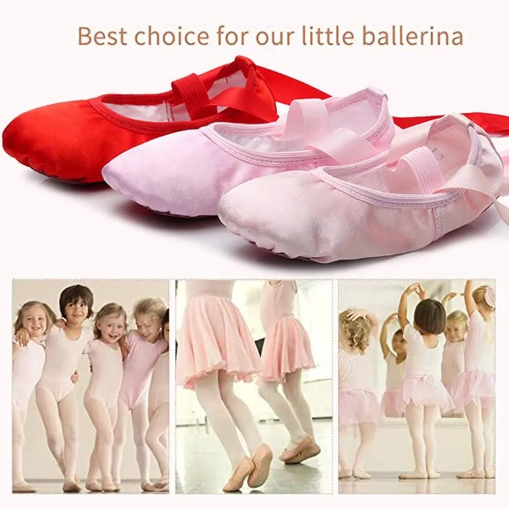 JUODVMP Girls Ballet Dance Shoes Satin Slippers Gymnastics Flats Split Sole with Ribbon,Model TJBLDM
