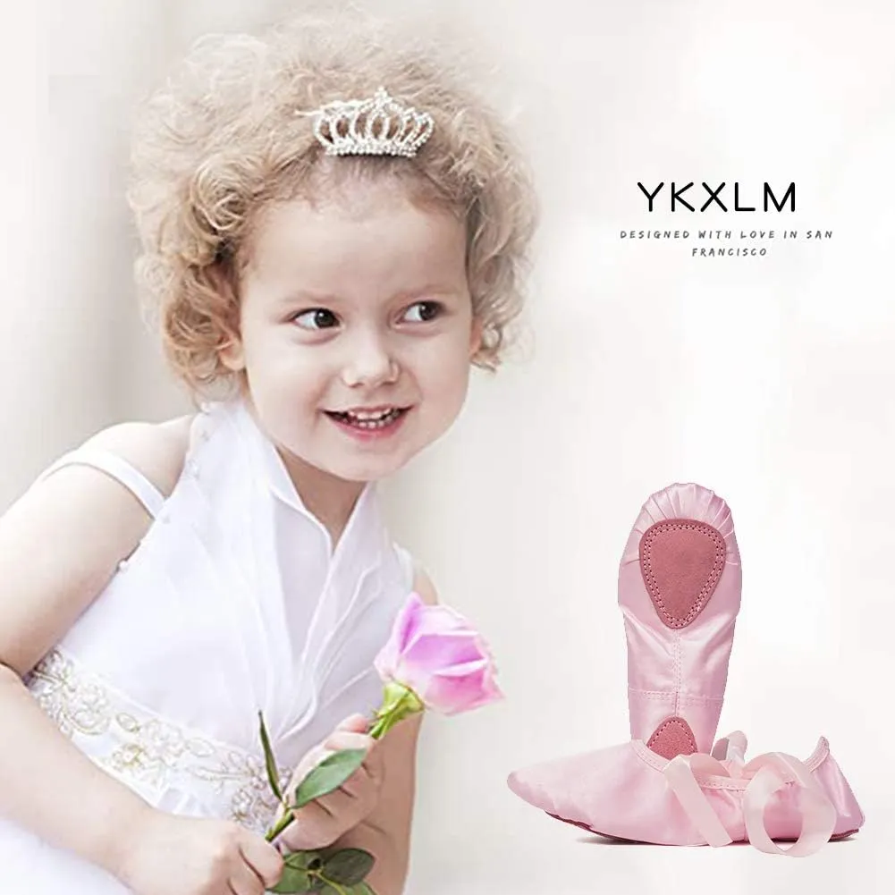 JUODVMP Girls Ballet Dance Shoes Satin Slippers Gymnastics Flats Split Sole with Ribbon,Model TJBLDM