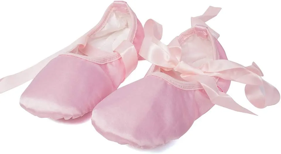 JUODVMP Girls Ballet Dance Shoes Satin Slippers Gymnastics Flats Split Sole with Ribbon,Model TJBLDM