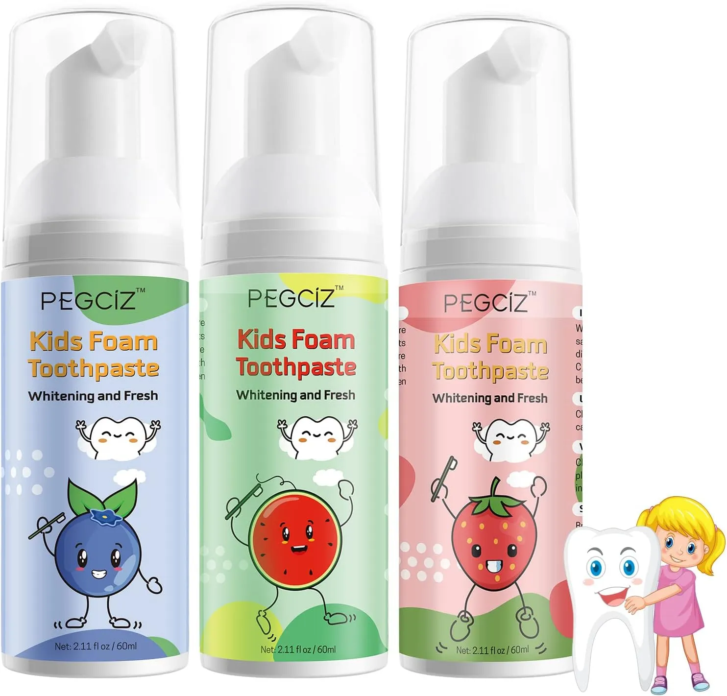 Kids Foam Toothpaste with Low Fluoride,Toddler Anti-Cavity Foam Toothpaste 3 Pack with Fruit Flavor Natural Formul for U Shaped Toothbrush for Children Kids Ages 3 Plus 2.11 fl oz/Pack