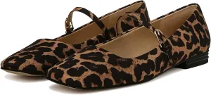 Leopard Ballet Flats Shoes for Women Square Toe Mary Jane Flats Buckle Strap Dress Casual Comfortable Animal Print Suede Leather Ballerina Shoes Size 8