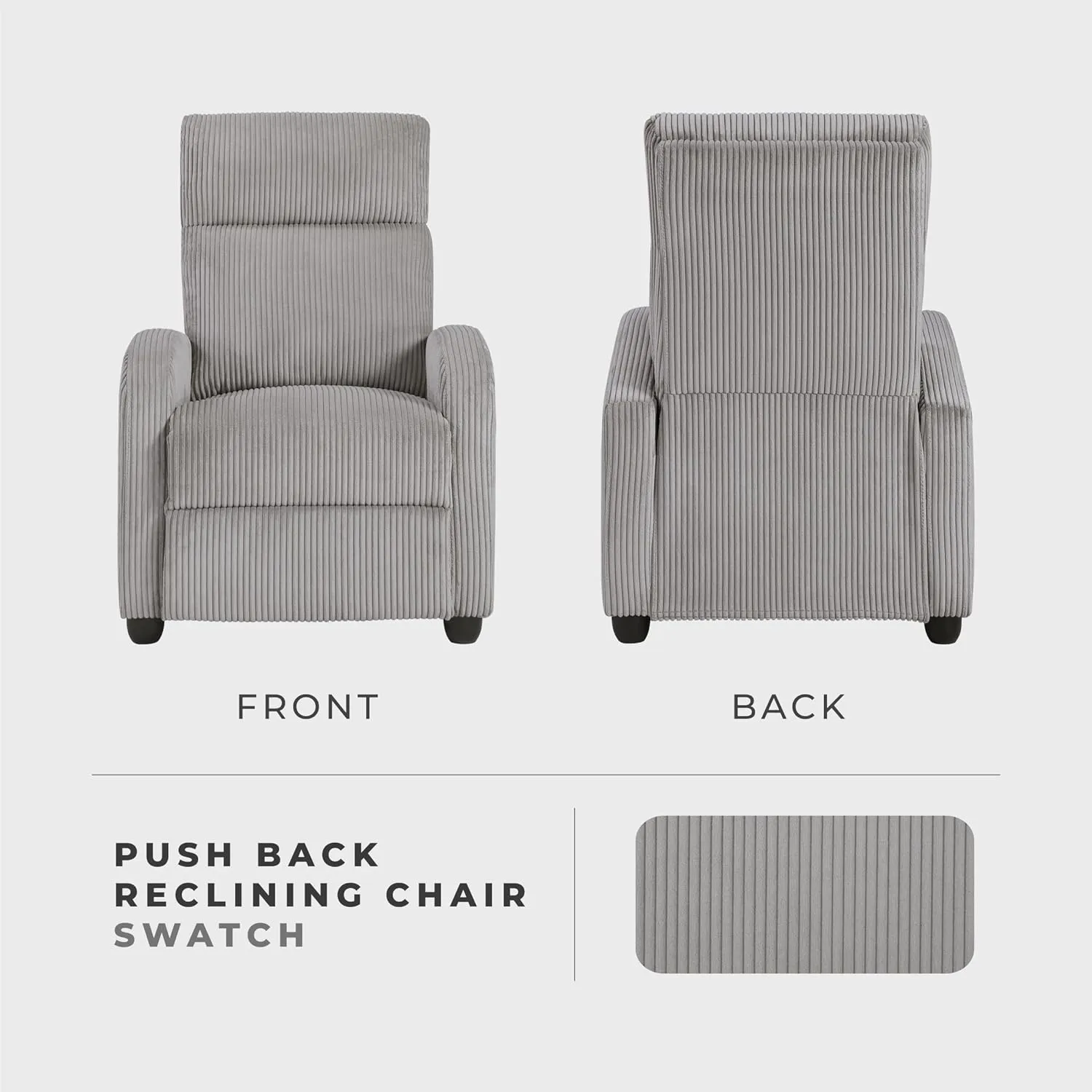 Lexicon Corduroy Pushback Recliner Chair Armchair Push Back Recliner, Solid Wood Frame and Metal Base, Easy Assembly Small Soft Single Sofa Accent Chair for Living Room/Office/Apartment, Light Grey