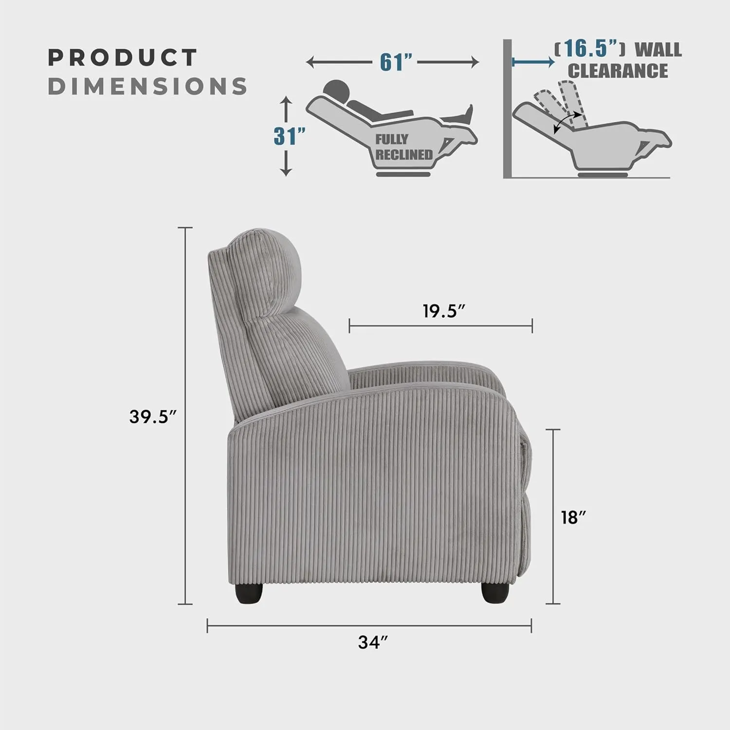 Lexicon Corduroy Pushback Recliner Chair Armchair Push Back Recliner, Solid Wood Frame and Metal Base, Easy Assembly Small Soft Single Sofa Accent Chair for Living Room/Office/Apartment, Light Grey