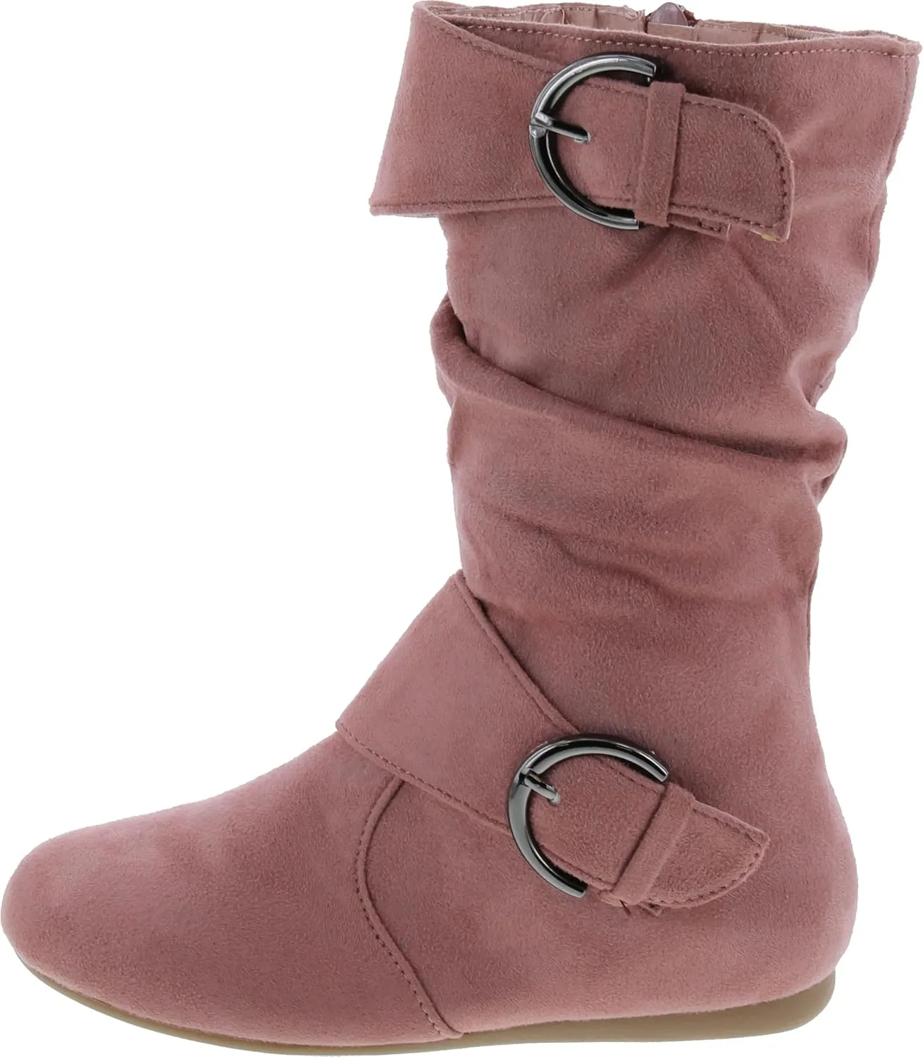 Link Klein-70K Girl's Kid's Faux Suede Two Buckle Zipper Flat Heel Mid Calf Slouchy Boot Shoes