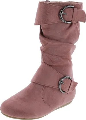 Link Klein-70K Girl's Kid's Faux Suede Two Buckle Zipper Flat Heel Mid Calf Slouchy Boot Shoes