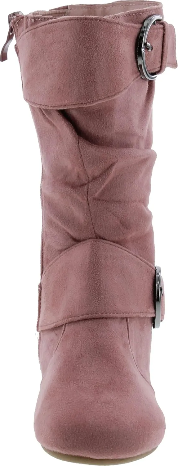 Link Klein-70K Girl's Kid's Faux Suede Two Buckle Zipper Flat Heel Mid Calf Slouchy Boot Shoes