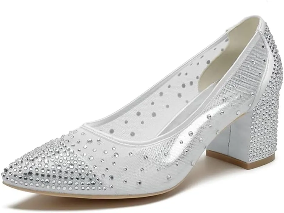 Low Block Heel Wedding Shoes for Bride - Closed Toe Glitter Bridal Beaded Evening Footwear