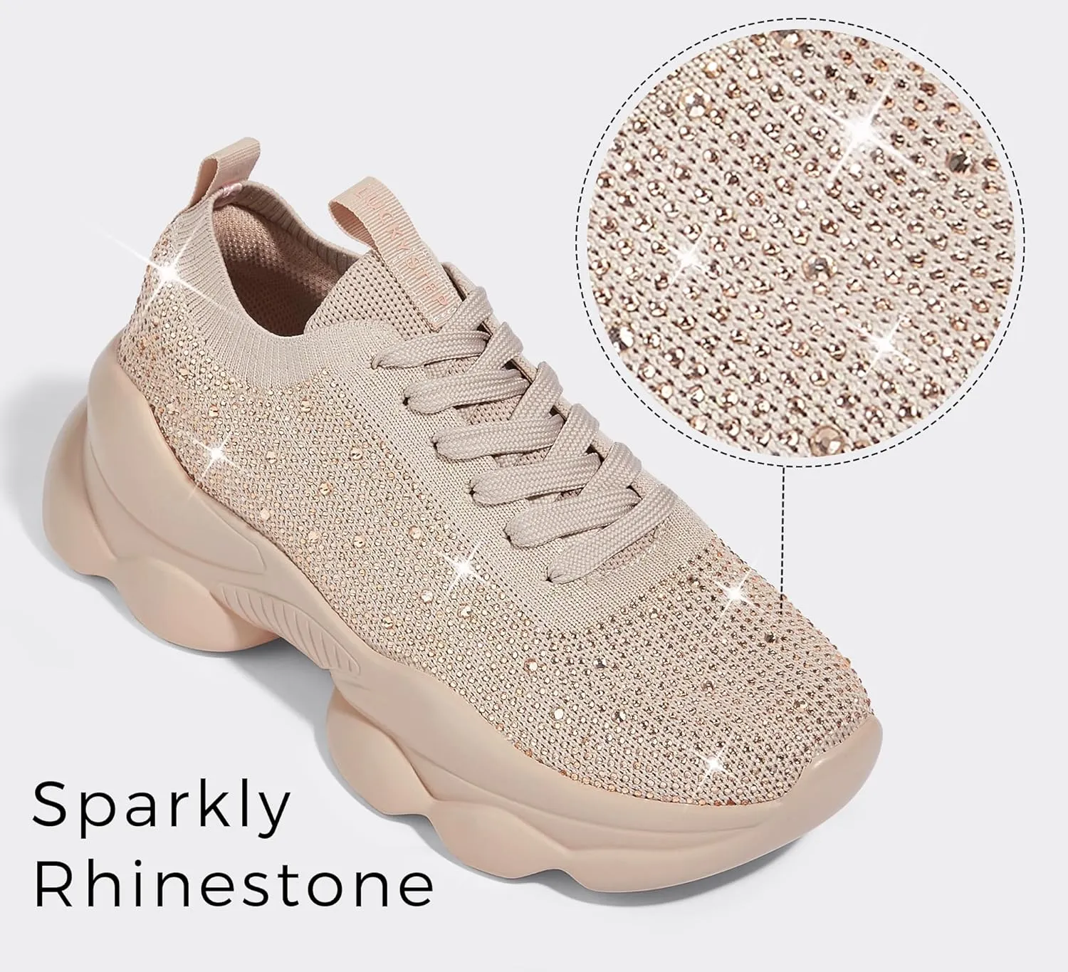LUCKY STEP Women's Chunky Rhinestone Sneaker Sparkly Bling Bedazzled Mesh Slip on Elastic Sock Glitter Shiny Rave Walking Shoes