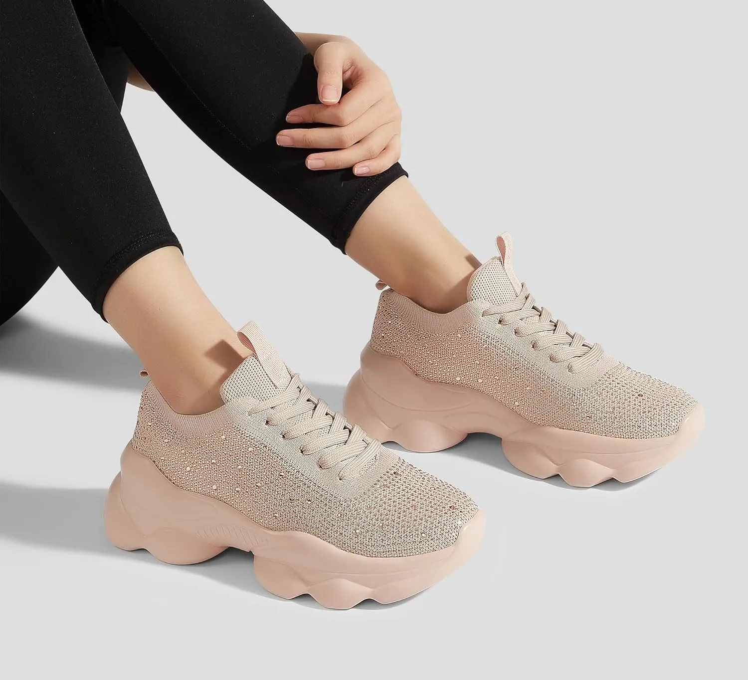 LUCKY STEP Women's Chunky Rhinestone Sneaker Sparkly Bling Bedazzled Mesh Slip on Elastic Sock Glitter Shiny Rave Walking Shoes