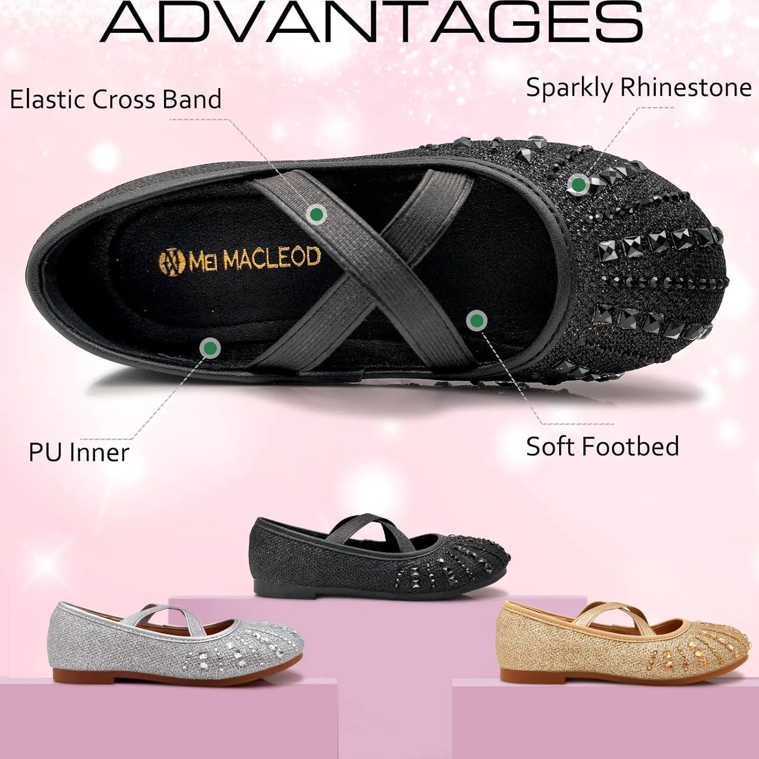 Mei MACLEOD Girls Ballet Flats Glitter Mary Jane Dress Shoes Ballerina