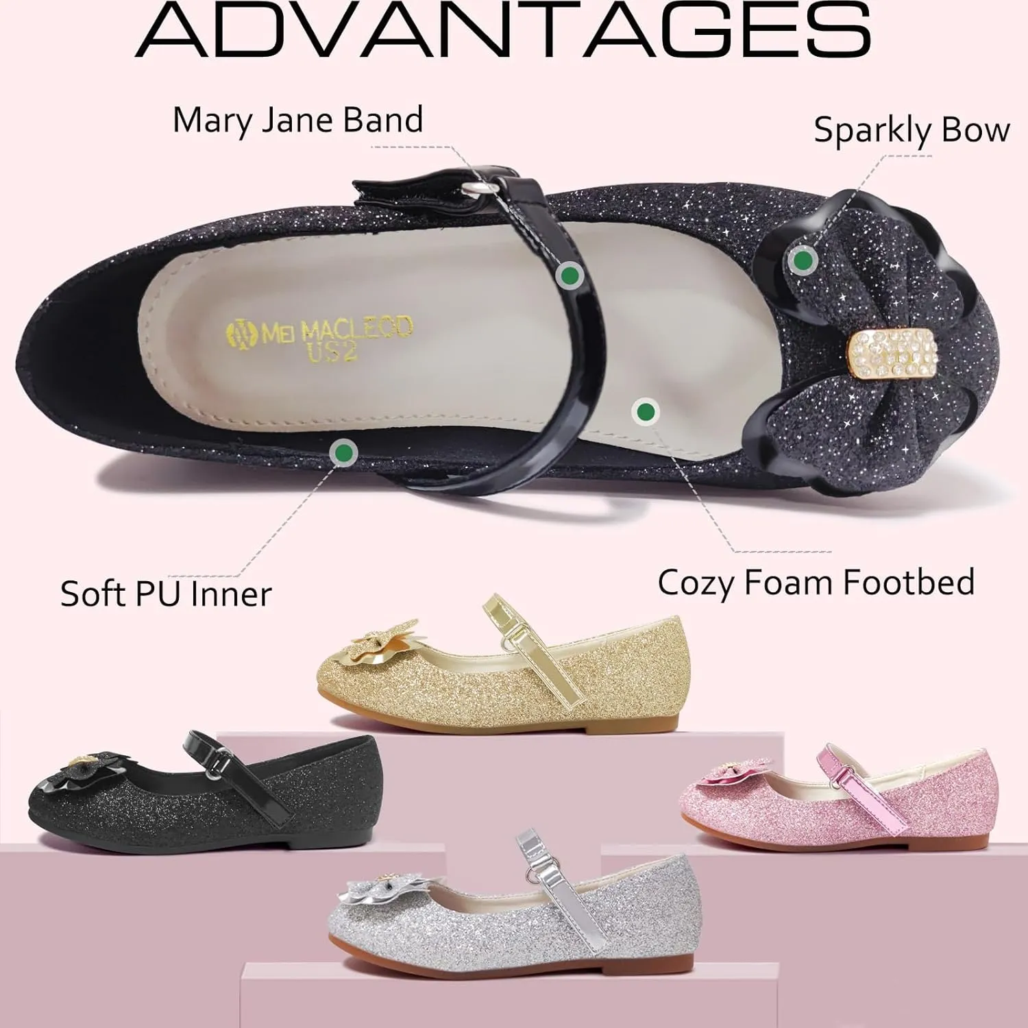 Mei MACLEOD Girls Ballet Flats Glitter Mary Jane Dress Shoes Ballerina