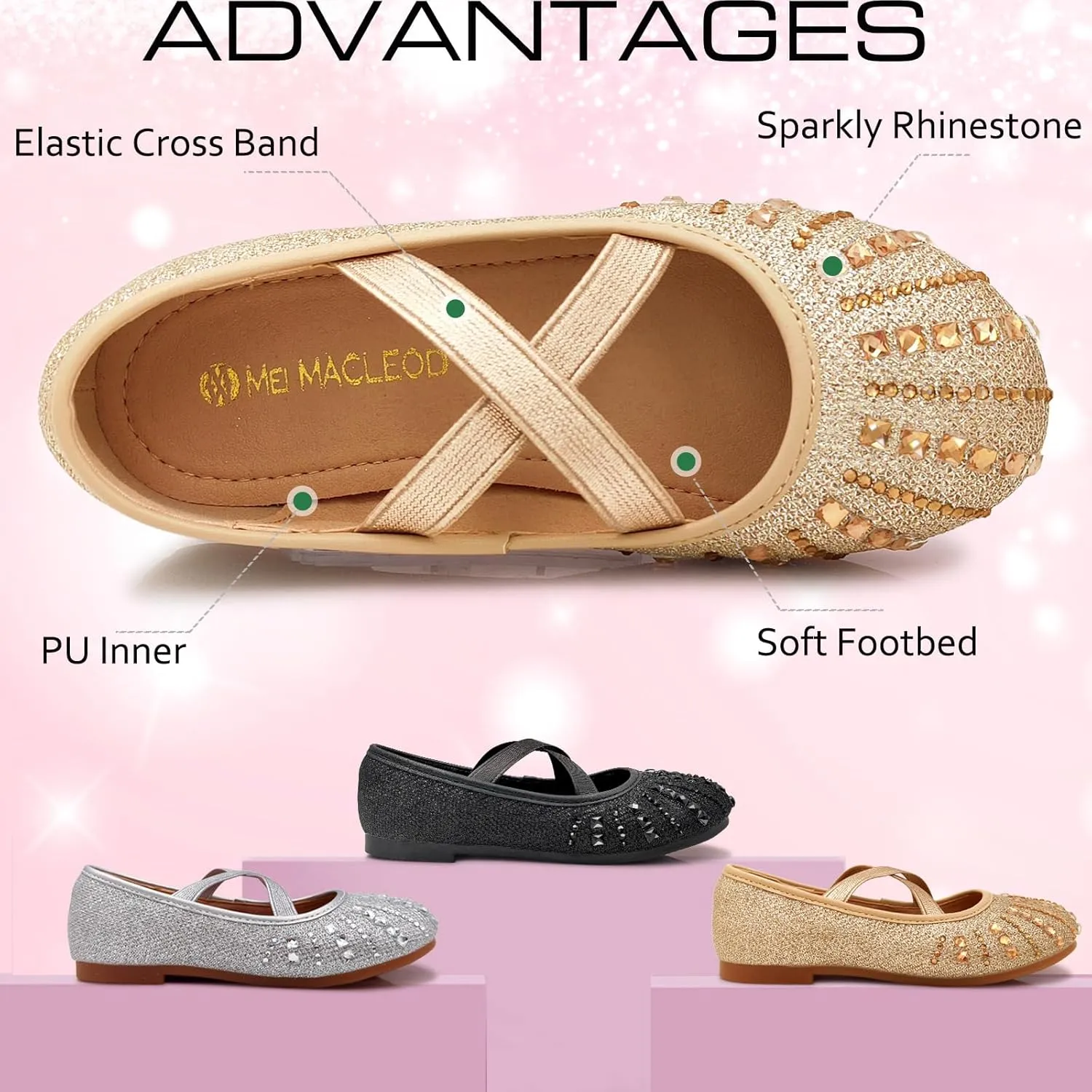 Mei MACLEOD Girls Ballet Flats Glitter Mary Jane Dress Shoes Ballerina