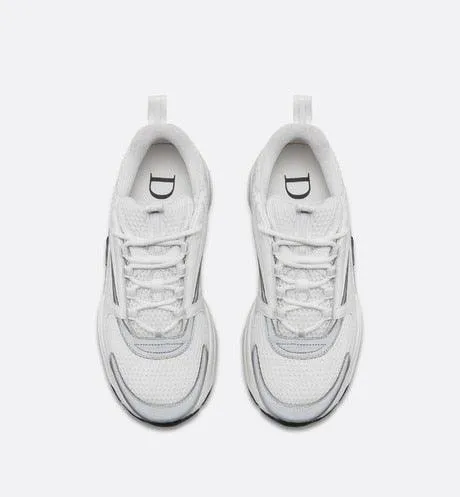 MEN DIOR "B22" SNEAKER IN WHITE TECHNICAL KNIT, WHITE AND SILVER-TONE CALFSKIN