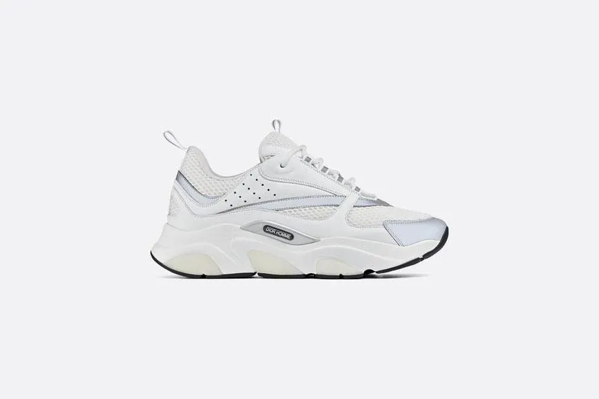 MEN DIOR "B22" SNEAKER IN WHITE TECHNICAL KNIT, WHITE AND SILVER-TONE CALFSKIN