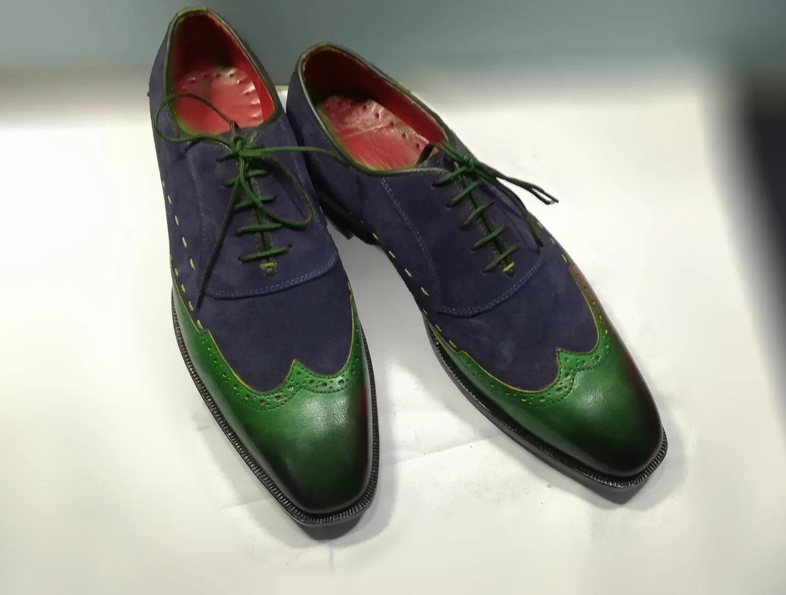Men Green Burnished Toe Gray Suede Wing Tip Derby Genuine Leather Shoes