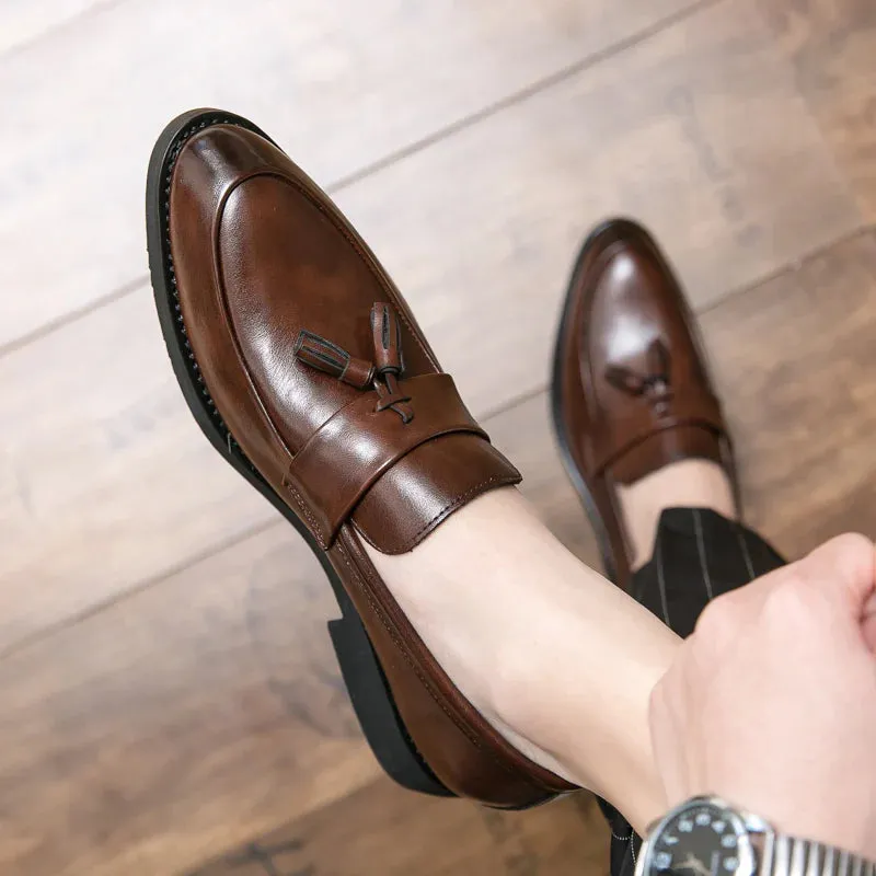 Men's Brown Leather Slip-On Moccasin Loafers with Tassels
