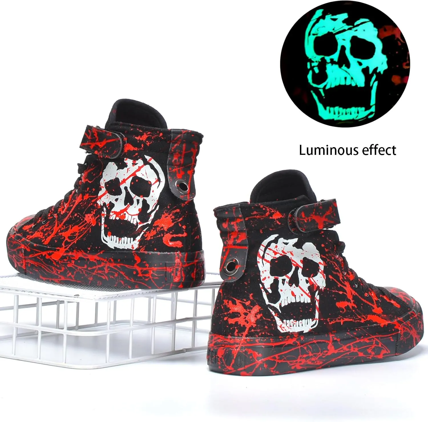Men's Canvas Fashion Sneakers Hand-Painted Graffiti Personality Splash Pattern Luminous Skull High Top Lace ups Classic Casual Walking Shoes Spring Summer Autumn Sneakers