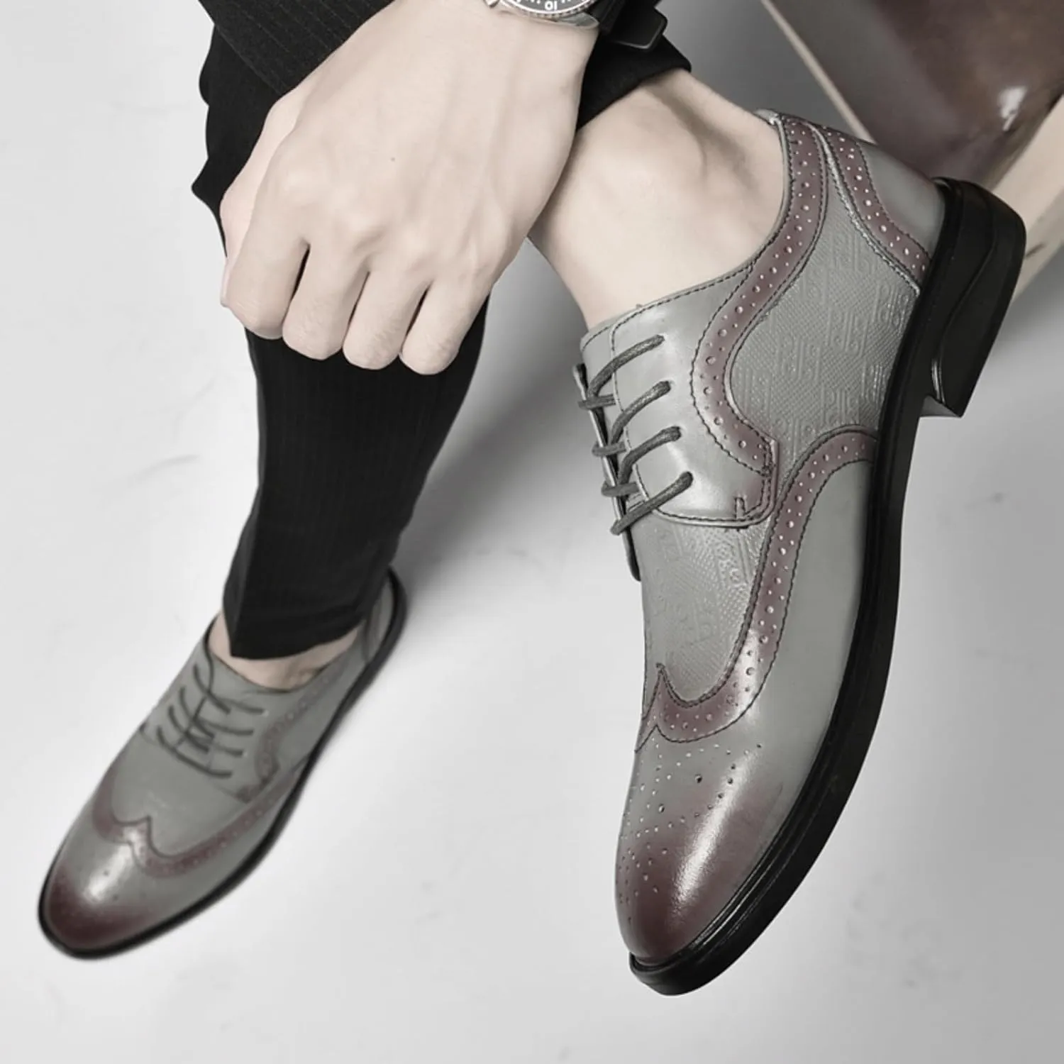 Men's Dress Cowhide Leather Oxford Shoes – Wingtip Brogue Derby Style for Formal Business, Weddings & Proms Parties Black Khaki Grey