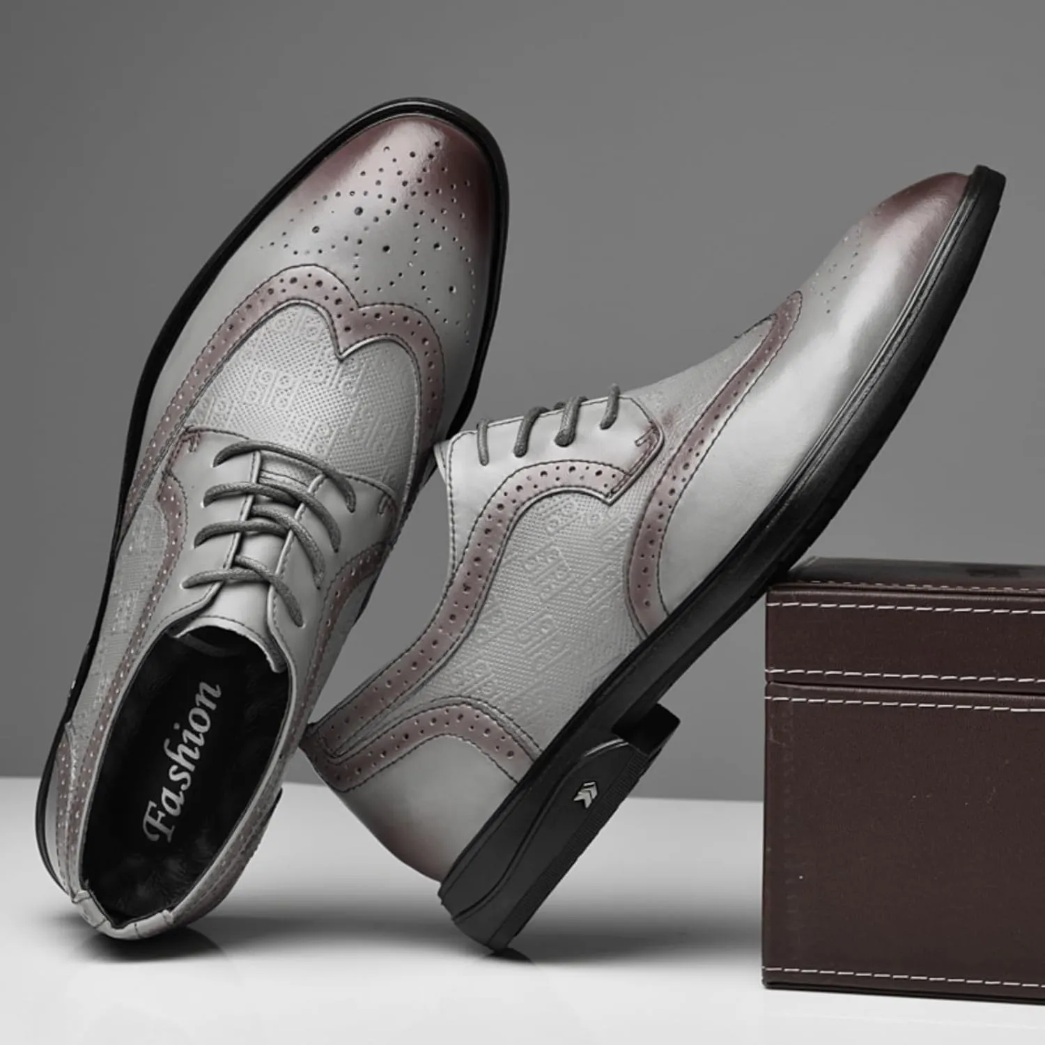 Men's Dress Cowhide Leather Oxford Shoes – Wingtip Brogue Derby Style for Formal Business, Weddings & Proms Parties Black Khaki Grey