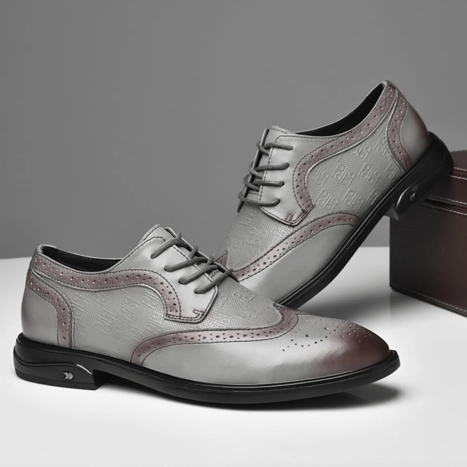 Men's Dress Cowhide Leather Oxford Shoes – Wingtip Brogue Derby Style for Formal Business, Weddings & Proms Parties Black Khaki Grey