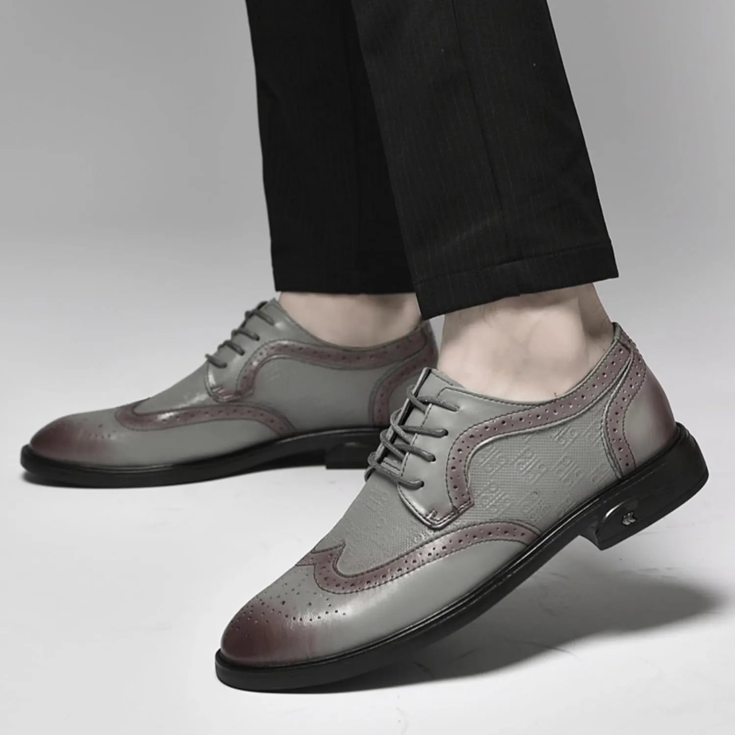 Men's Dress Cowhide Leather Oxford Shoes – Wingtip Brogue Derby Style for Formal Business, Weddings & Proms Parties Black Khaki Grey