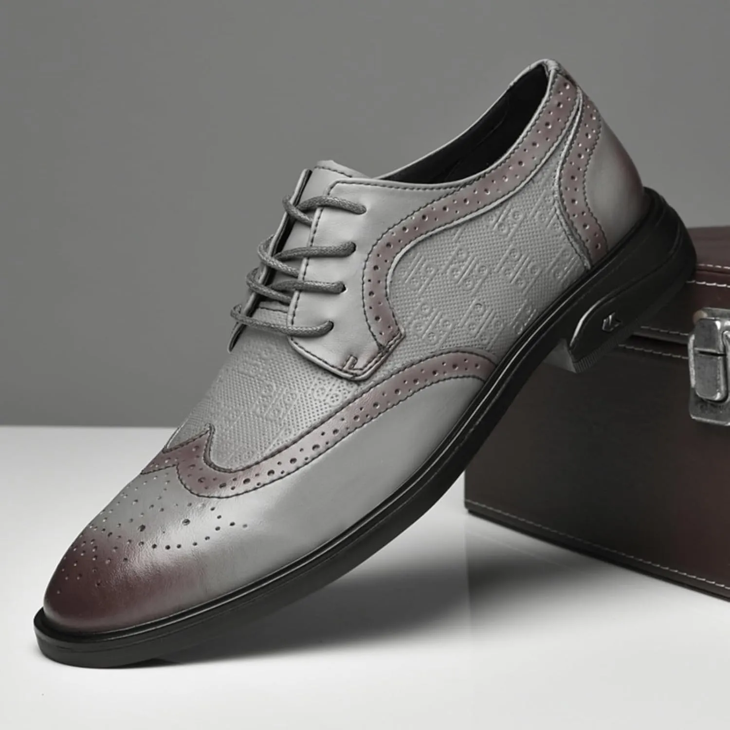 Men's Dress Cowhide Leather Oxford Shoes – Wingtip Brogue Derby Style for Formal Business, Weddings & Proms Parties Black Khaki Grey