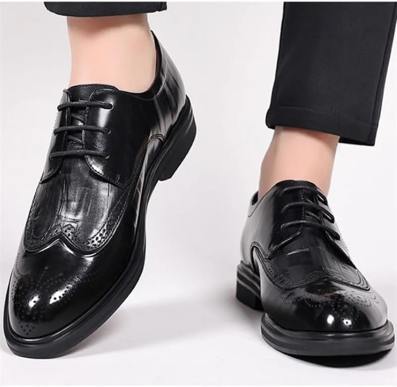 Men's Dress Pointed Business Shoes Genuine Leather Wingtip Formal Breathable Leather Shoes Men's Derby Shoes Non-Slip Rubber Soft Sole Lace-ups