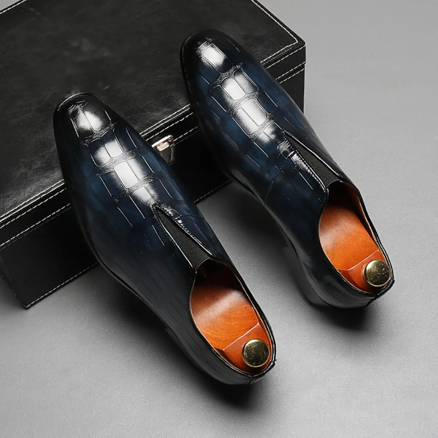Mens Dress Shoes Leather Loafer, Fashion Crocodile Printed Handmade Dress Shoes Slip on Loafer Shoes for Men