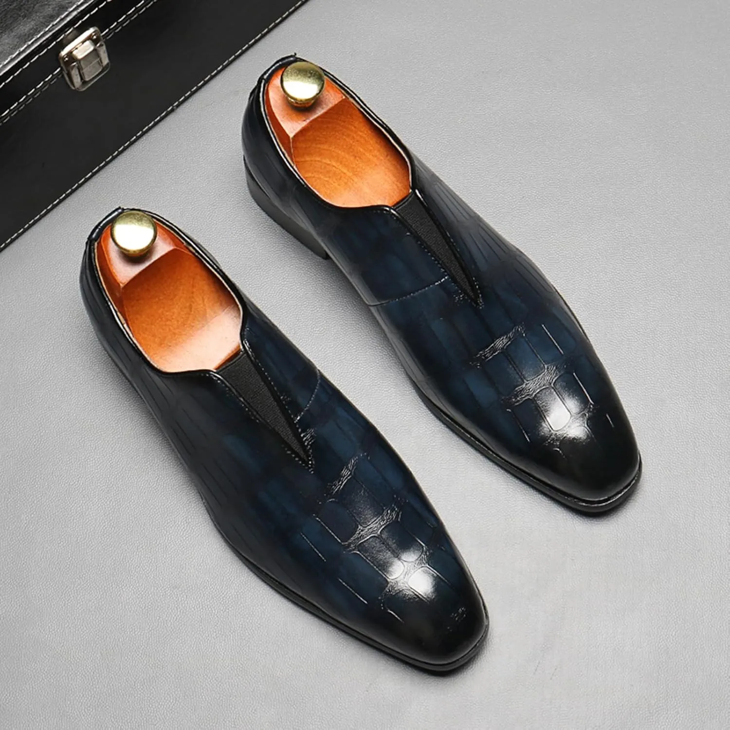 Mens Dress Shoes Leather Loafer, Fashion Crocodile Printed Handmade Dress Shoes Slip on Loafer Shoes for Men
