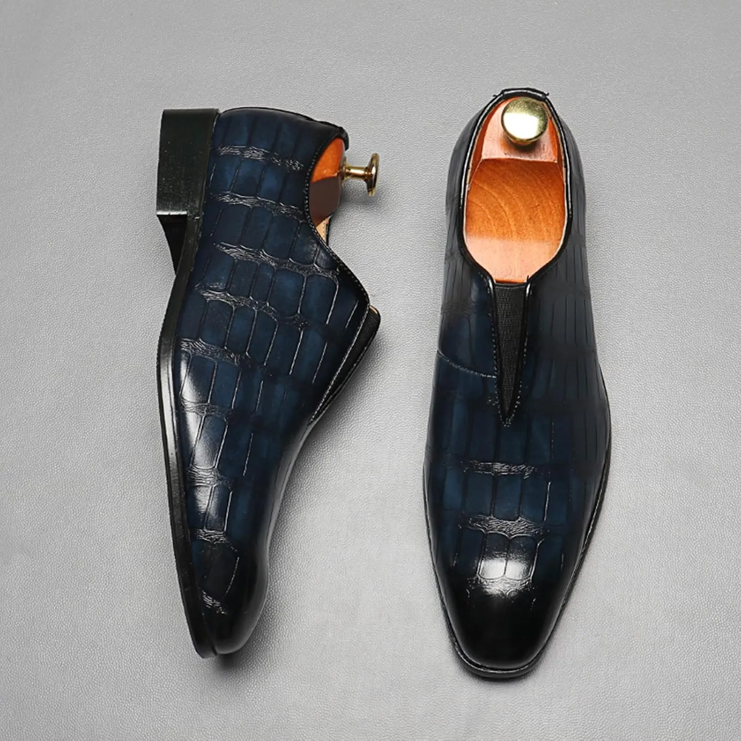 Mens Dress Shoes Leather Loafer, Fashion Crocodile Printed Handmade Dress Shoes Slip on Loafer Shoes for Men