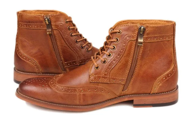 Men's Genuine Leather Classic Brogue Boots with Zipper