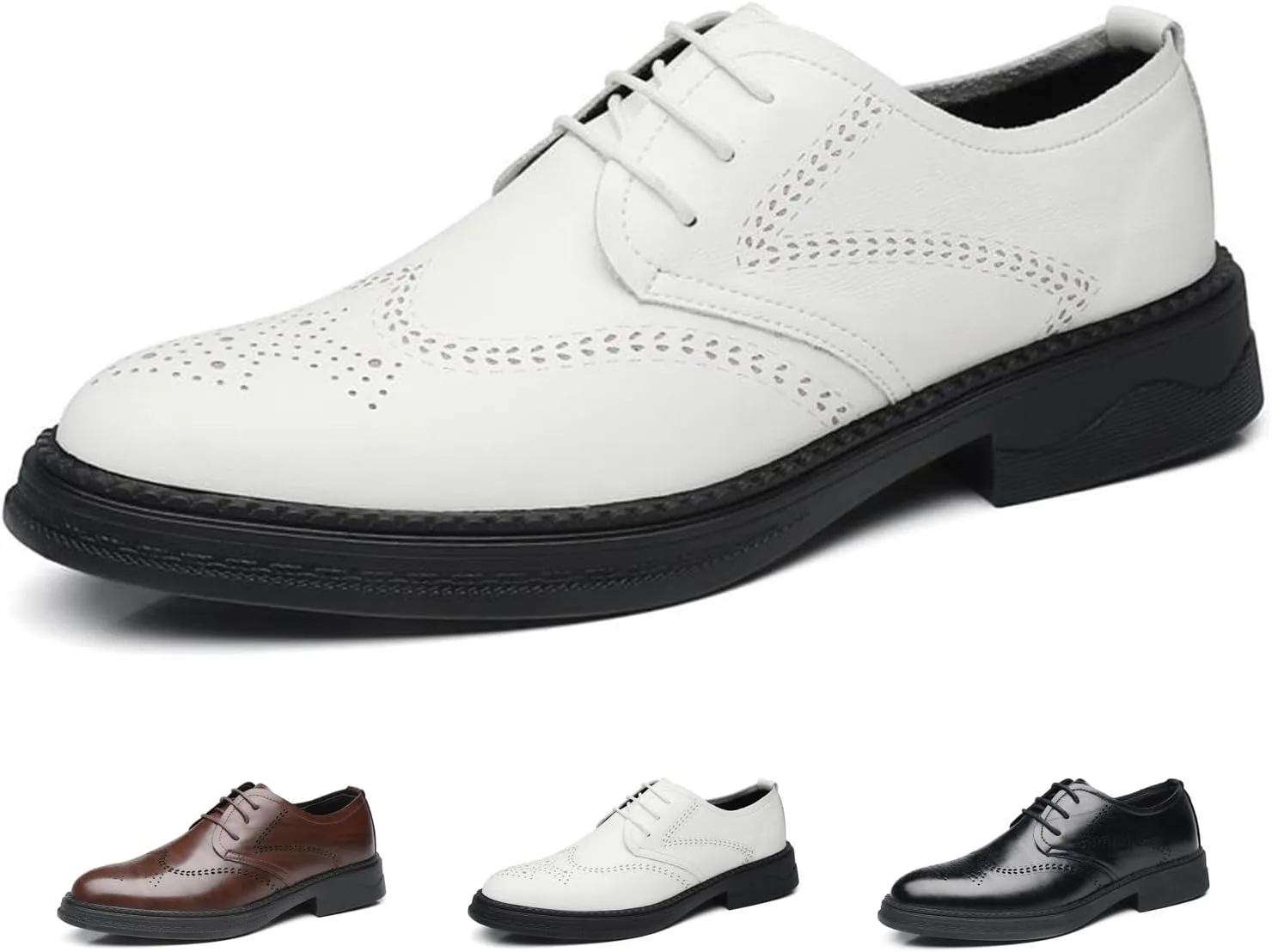 Men's Genuine Leather Wingtip Brogue Oxfords Shoes Fashion Classic Round-Toe Lace Up Low Top Dress Shoes Casual Business Formal Derby Shoes