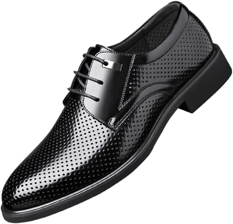 Men's Leather Dress Shoes Mens Summer Breathable Wingtip Brogue Oxfords Classic Lace-up Formal Derby Shoes