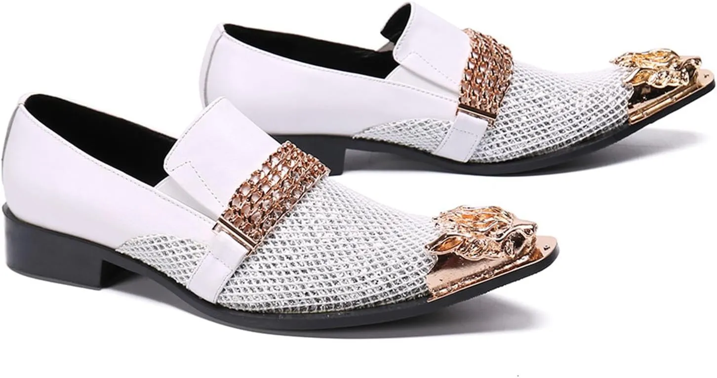Men's Leather Shoes, Simple Checkered Metal Chain Men's Dress Shoes, Wedding Party Banquet Nightclub Stage Host Barber Uniform Office Work Shoes