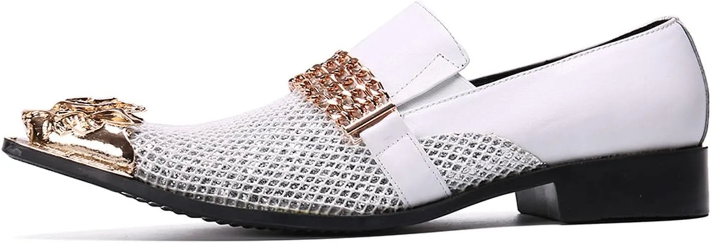 Men's Leather Shoes, Simple Checkered Metal Chain Men's Dress Shoes, Wedding Party Banquet Nightclub Stage Host Barber Uniform Office Work Shoes