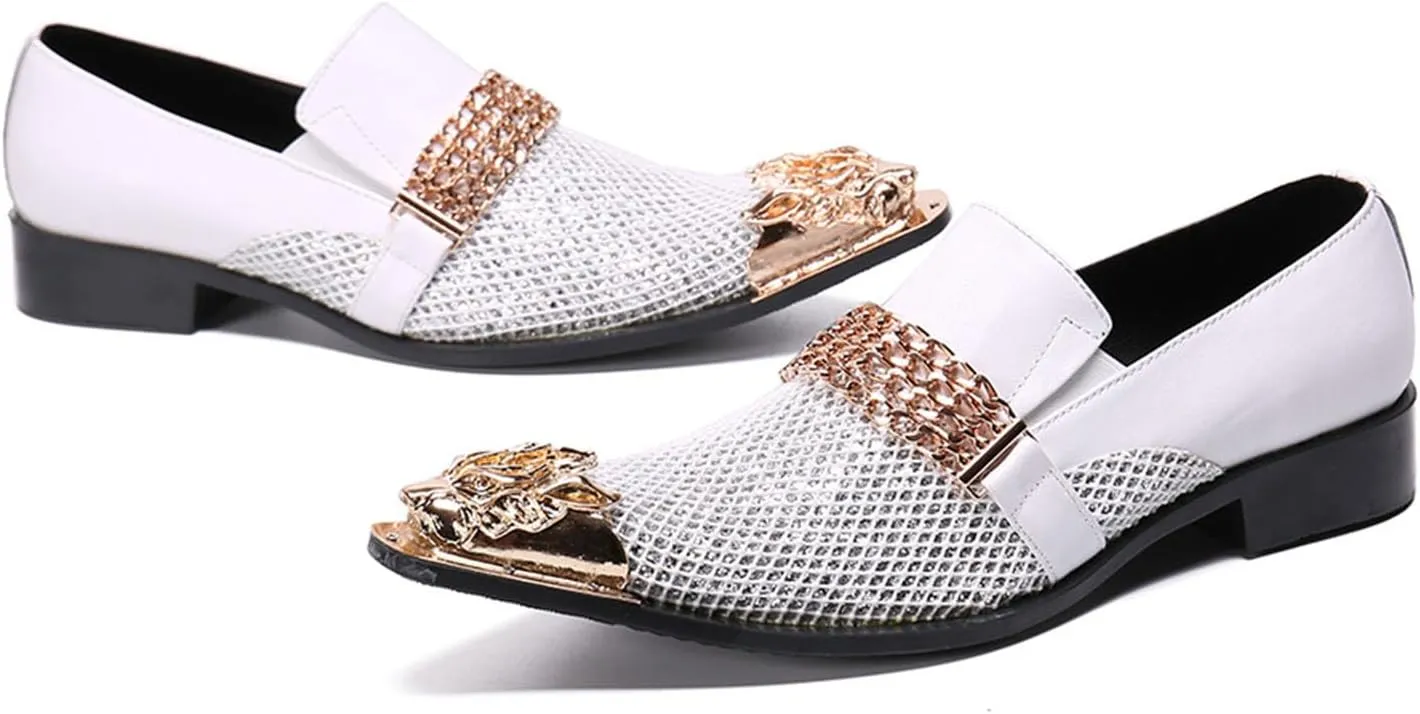 Men's Leather Shoes, Simple Checkered Metal Chain Men's Dress Shoes, Wedding Party Banquet Nightclub Stage Host Barber Uniform Office Work Shoes