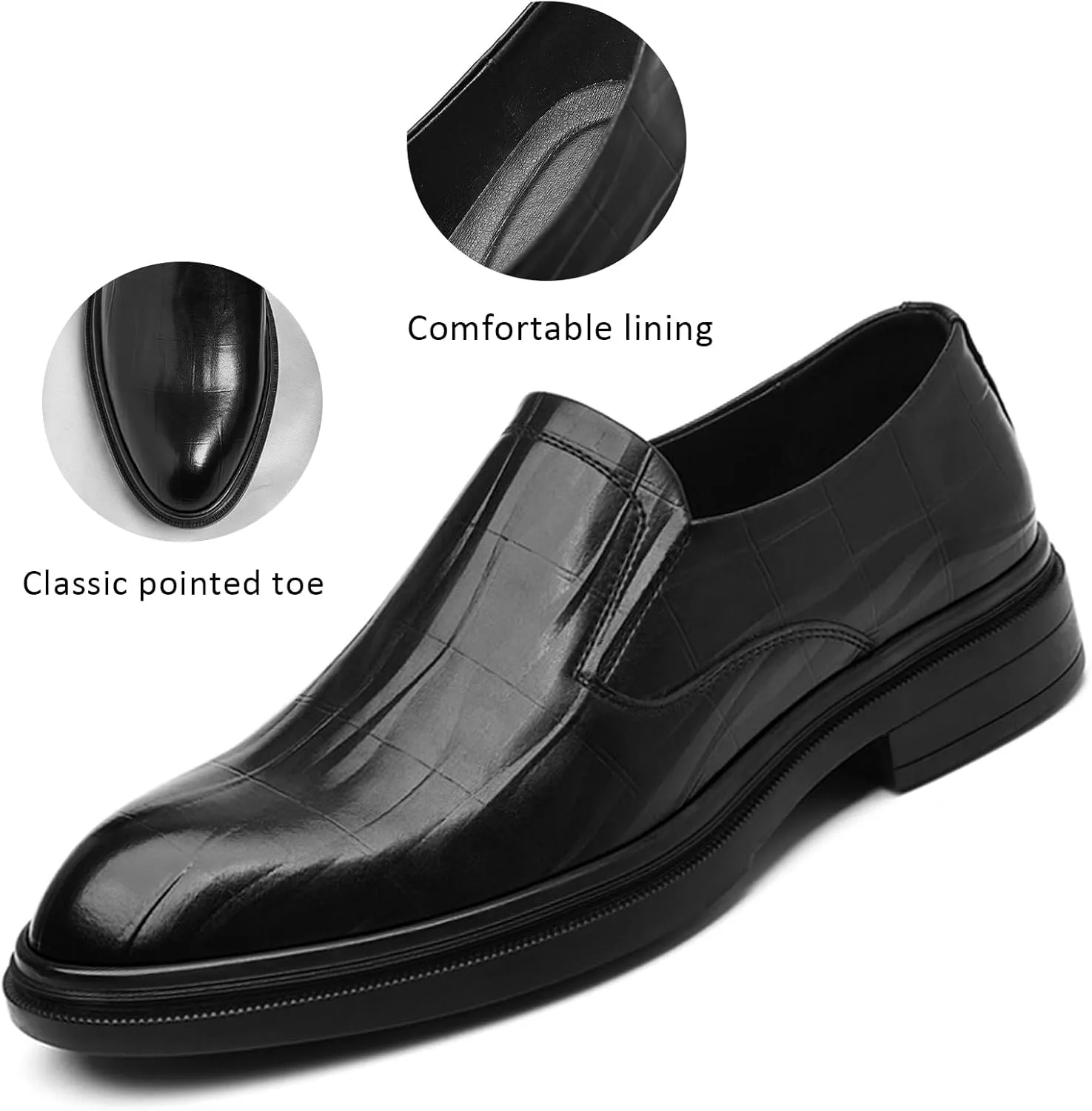 Men's Leather Slip-On Oxford Loafers Classic Pointed Toe Comfortable Non-Slip Low Chunky Heel Derby Shoes Wedding Business Party Casual Dress Shoes