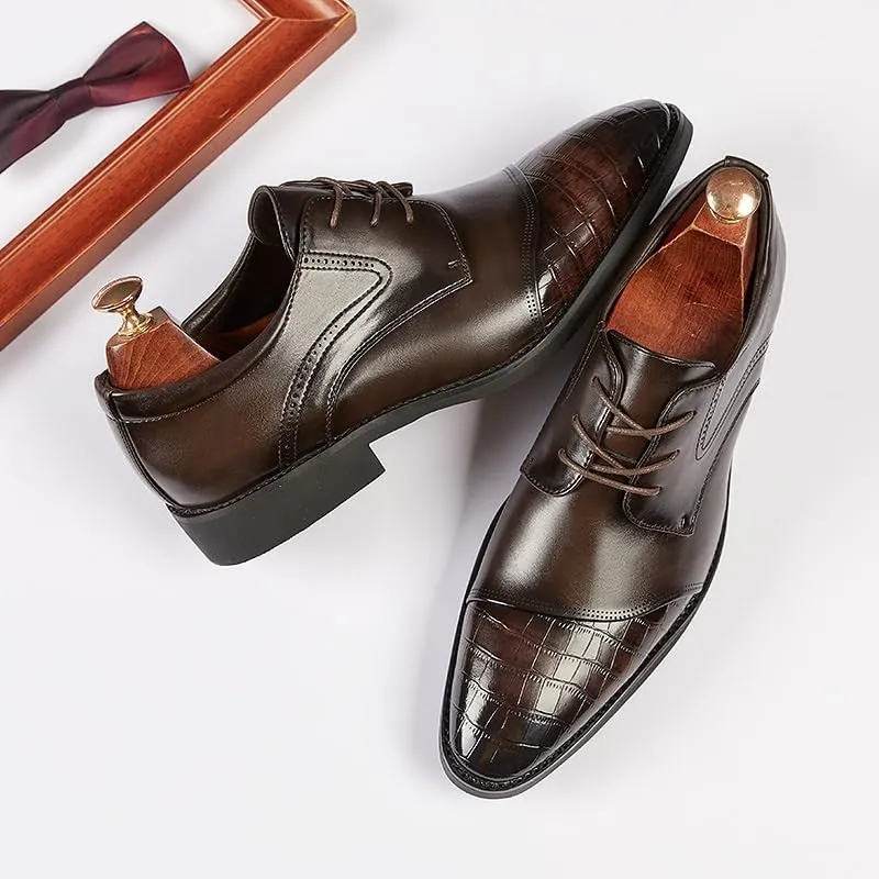 Men's Platform Wingtip Brogue Oxfords Mens Vintage Crocodile Print Strap Slip On Dress Shoes Casual Wedding Faux Patent Derby Shoe