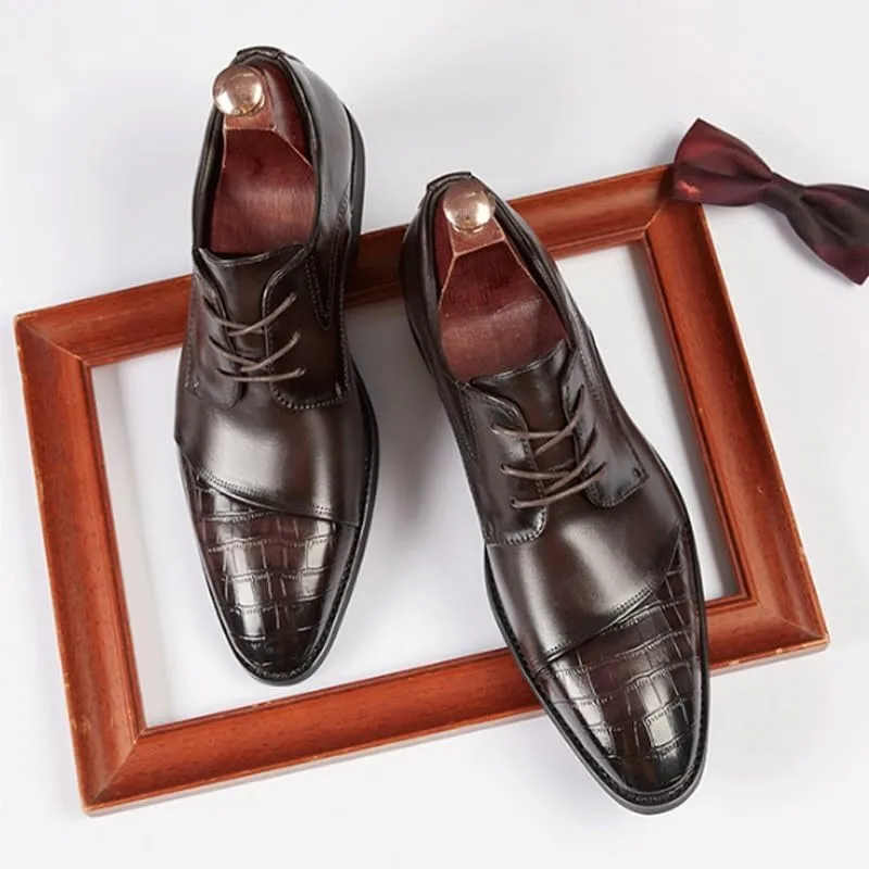 Men's Platform Wingtip Brogue Oxfords Mens Vintage Crocodile Print Strap Slip On Dress Shoes Casual Wedding Faux Patent Derby Shoe