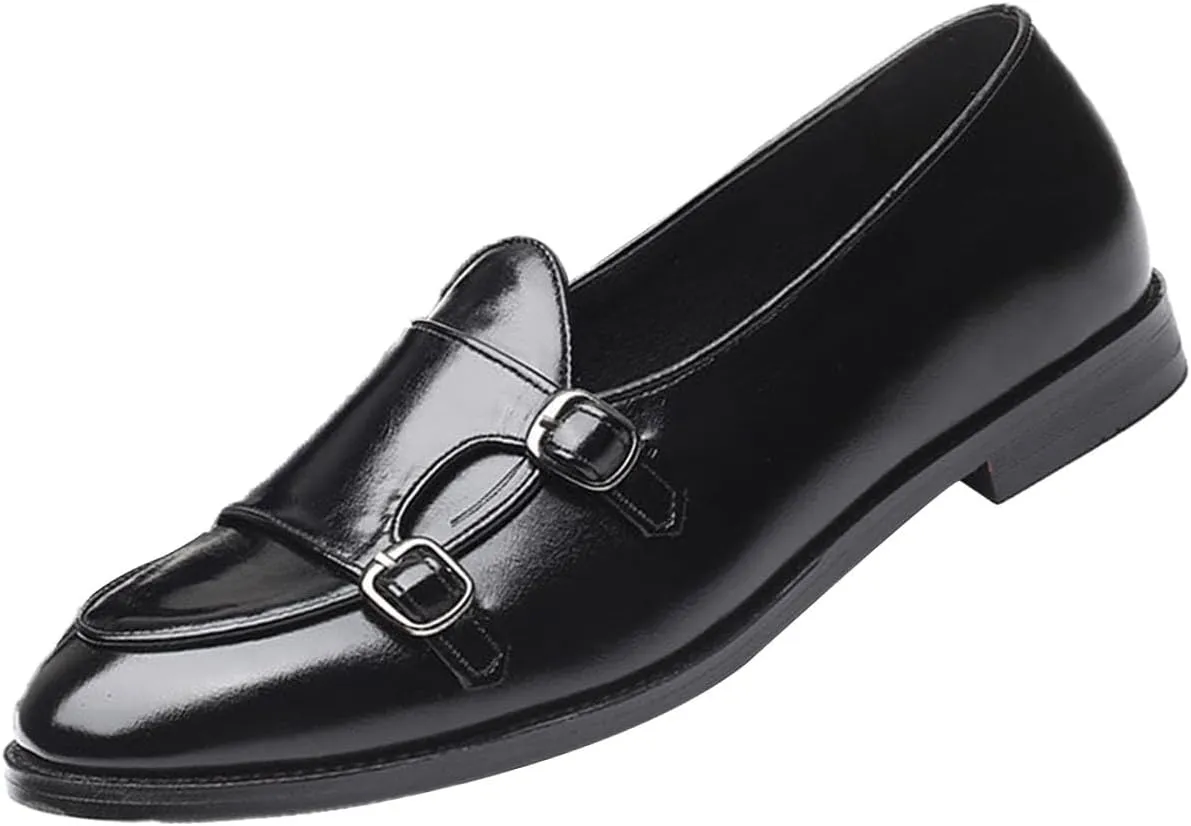 Men's Slip-on Dress Oxford Shoes,Pointed-Toe Low-top Double Monk Strap Black Patent Leather Business Casual Singles
