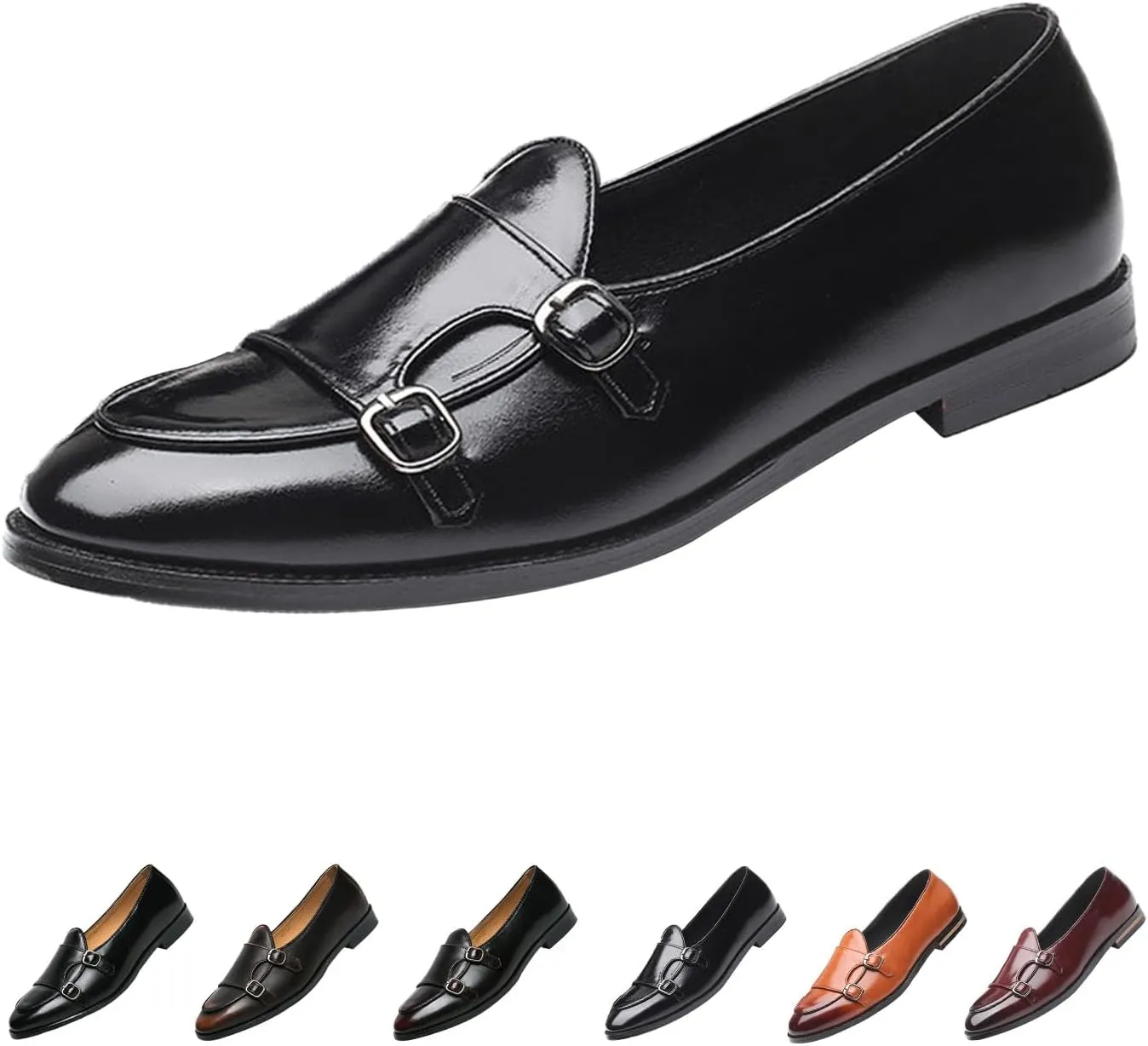 Men's Slip-on Dress Oxford Shoes,Pointed-Toe Low-top Double Monk Strap Black Patent Leather Business Casual Singles