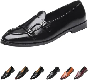 Men's Slip-on Dress Oxford Shoes,Pointed-Toe Low-top Double Monk Strap Black Patent Leather Business Casual Singles