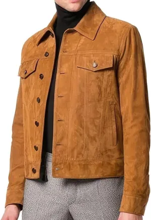 Men’s Tan Brown Genuine Suede Leather Jacket with Shirt Collar – Classic Third Generation Cowboy Native American Vintage Style, X-Small