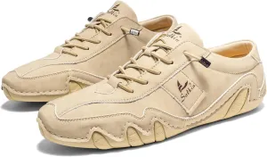 Men's Waterproof Suede Casual Walking Shoes for Hiking Camping & Driving All Season Retro Hand Stitched Round Toe Elastic Lace Up Outdoor Sports Sneakers Comfortable Soft Fashion Sneakers