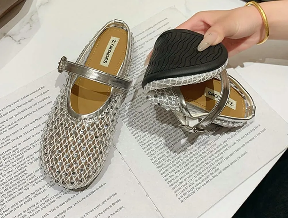 Mesh Flats for Women Sparkling Rhinestone Ballet Flats Breathable Hollow Sandals Slip on Mary Jane Flat Summer Slides 2025