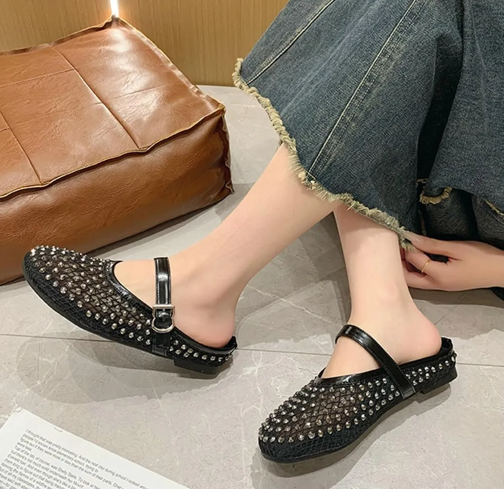 Mesh Flats for Women Sparkling Rhinestone Ballet Flats Breathable Hollow Sandals Slip on Mary Jane Flat Summer Slides 2025