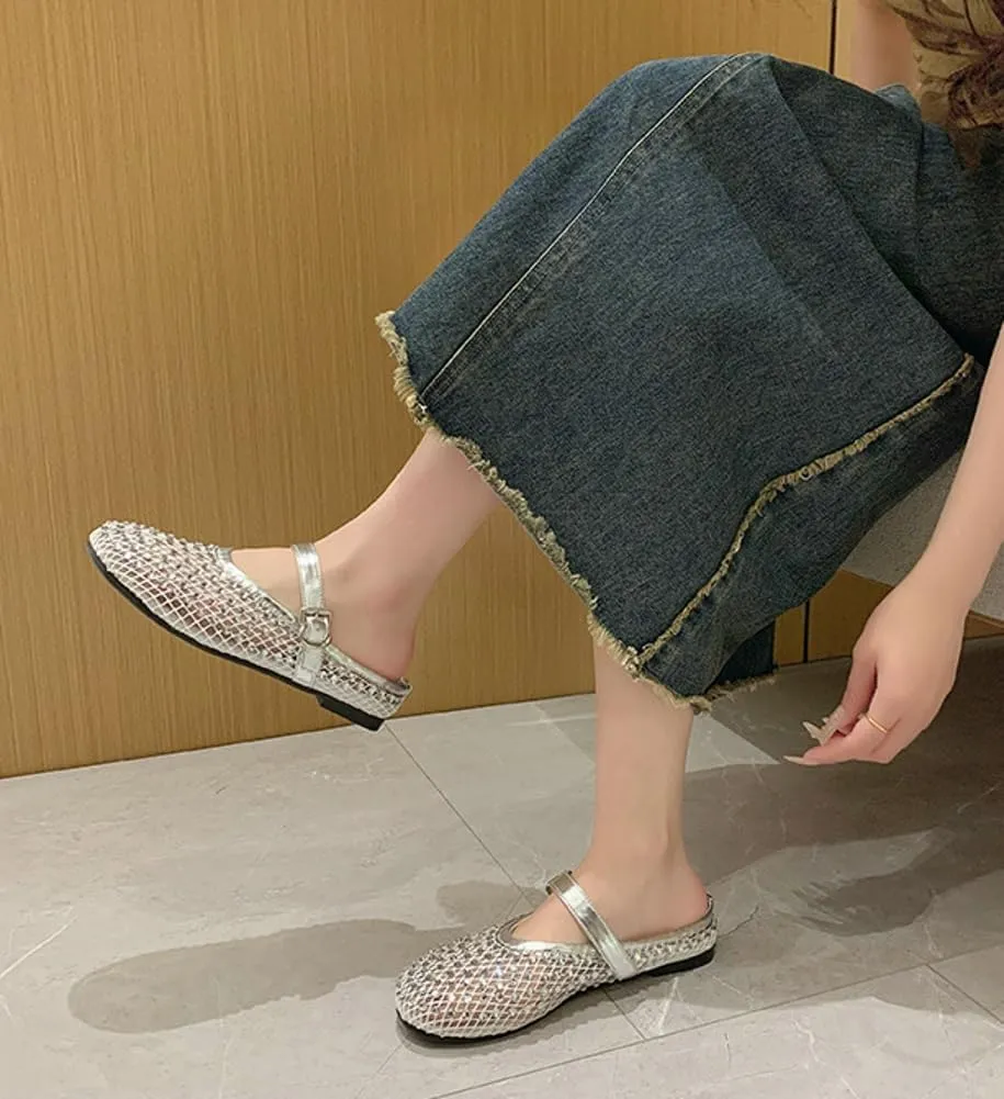 Mesh Flats for Women Sparkling Rhinestone Ballet Flats Breathable Hollow Sandals Slip on Mary Jane Flat Summer Slides 2025