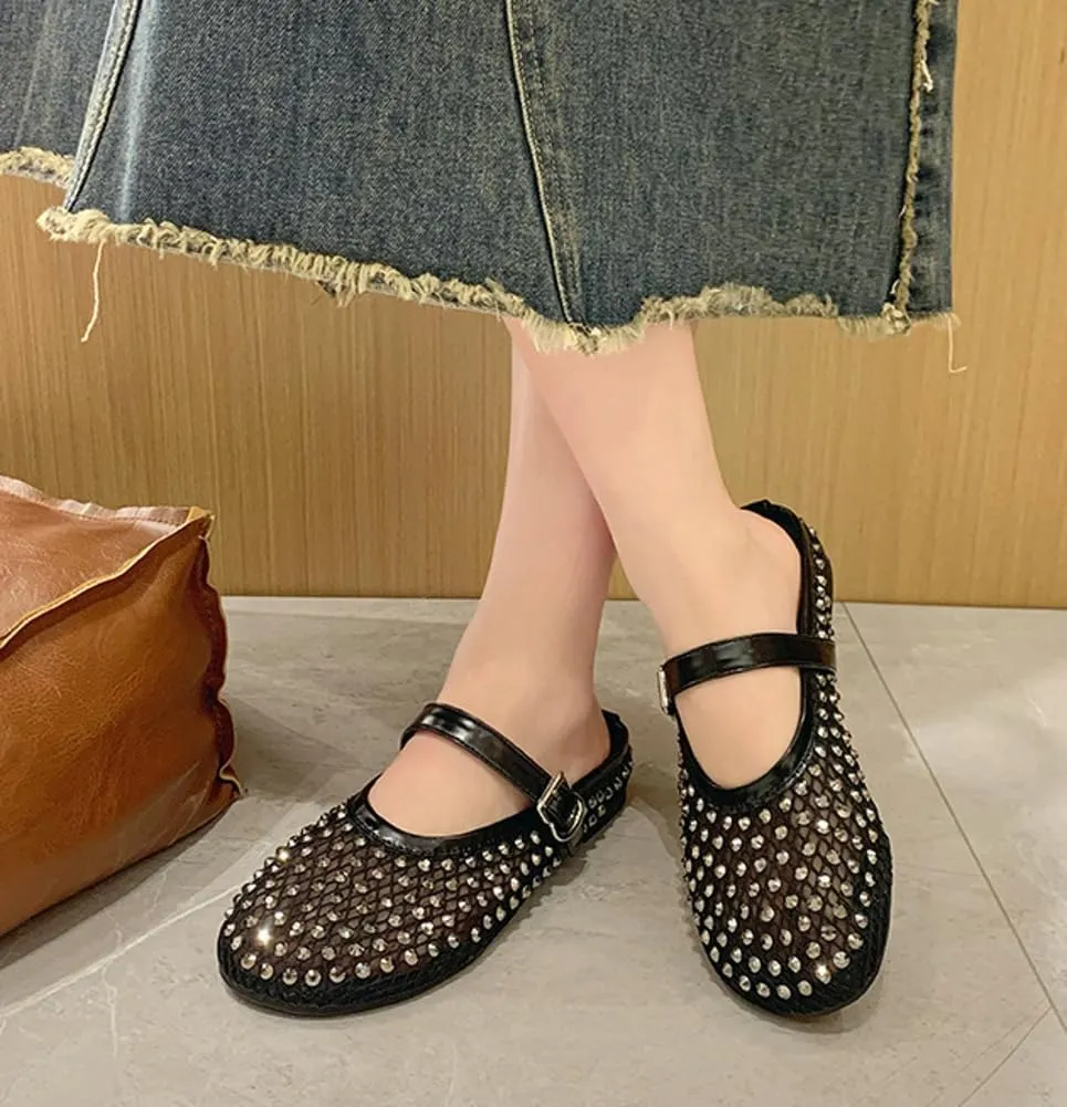 Mesh Flats for Women Sparkling Rhinestone Ballet Flats Breathable Hollow Sandals Slip on Mary Jane Flat Summer Slides 2025