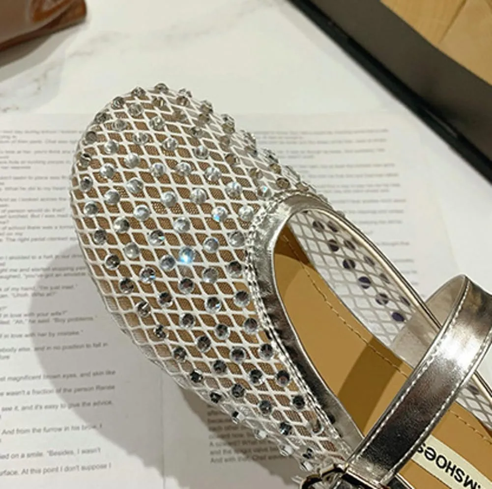 Mesh Flats for Women Sparkling Rhinestone Ballet Flats Breathable Hollow Sandals Slip on Mary Jane Flat Summer Slides 2025