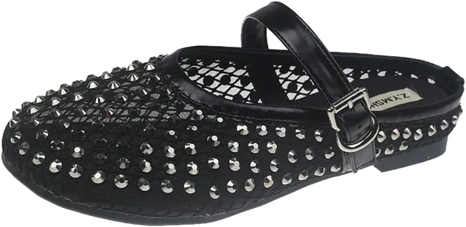 Mesh Flats for Women Sparkling Rhinestone Ballet Flats Breathable Hollow Sandals Slip on Mary Jane Flat Summer Slides 2025